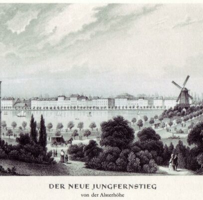 Neuer Jungfernstieg um 1850, die Windmühle steht an der Lombardsbrücke Neuer Jungfernstieg um 1850, die Windmühle steht an der Lombardsbrücke