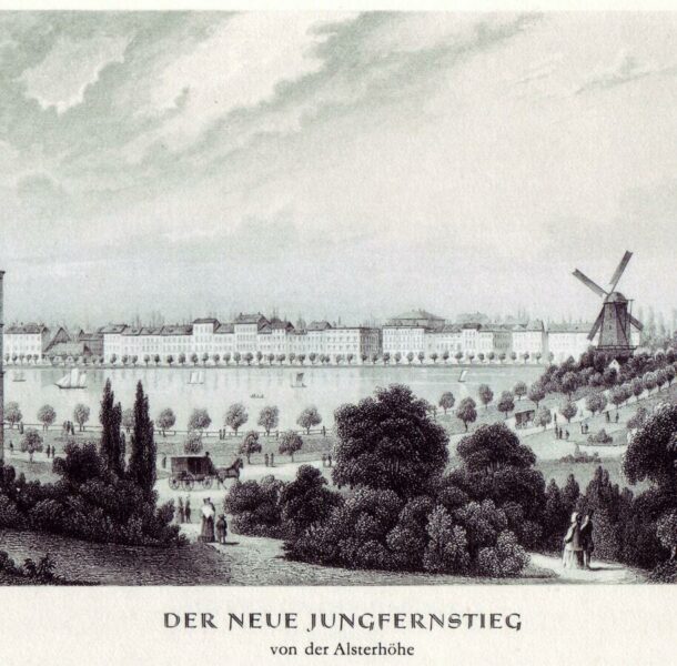 Neuer Jungfernstieg um 1850, die Windmühle steht an der Lombardsbrücke